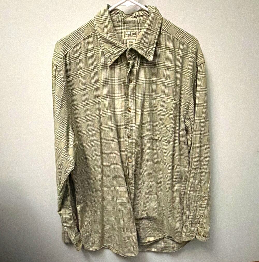L.L.Bean Men’s Large Tall Cotton Wool Shirt Green Plaid Long Sleeve 85/15